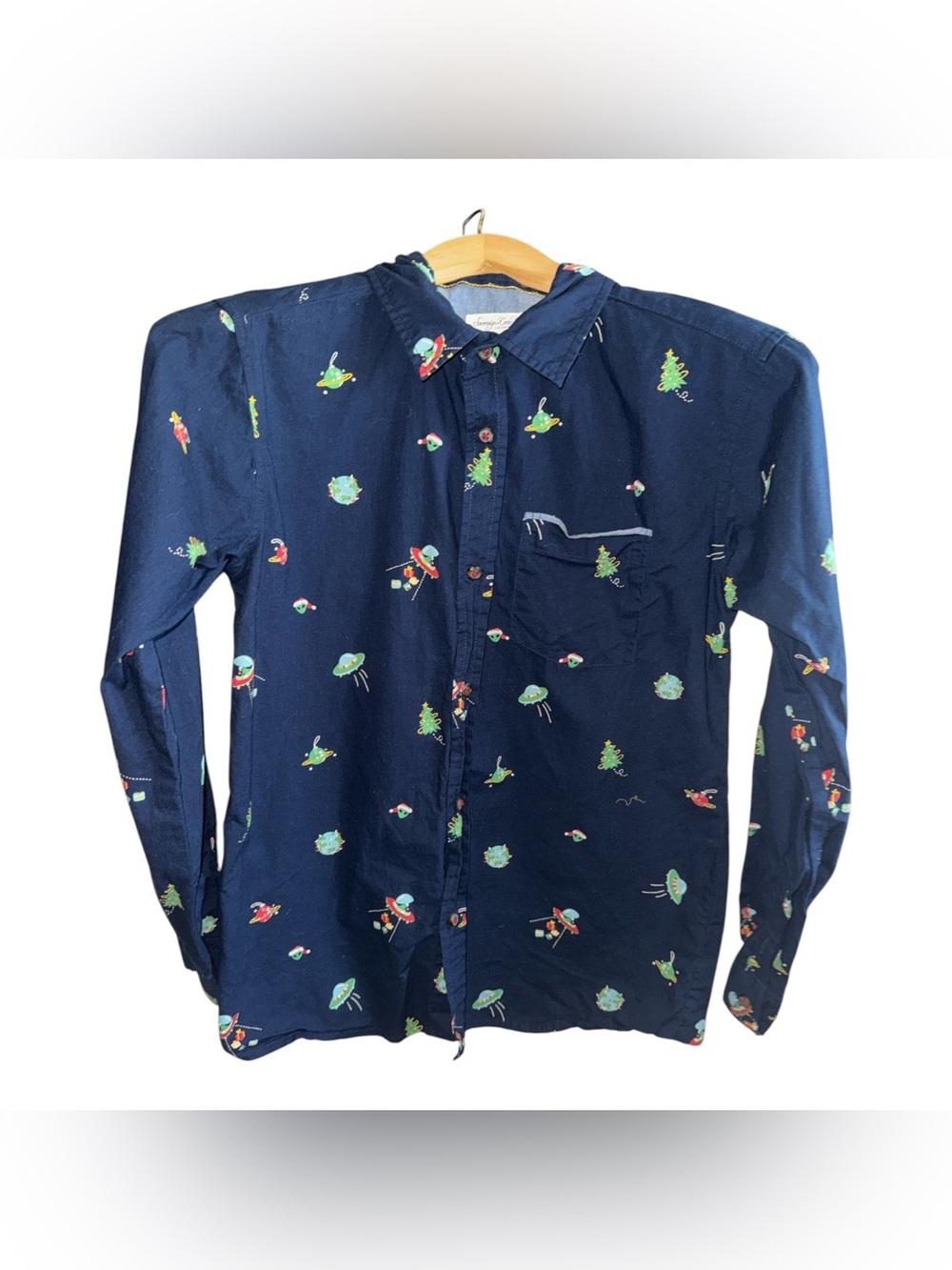 Sovereign Code Navy Button-Down Shirt with Green & Red UFO Holiday Graphic Print